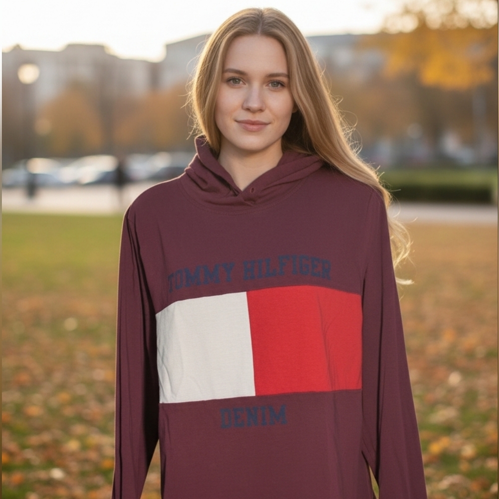 Tommy Hilfiger Burgundy and Red Colorblock Hoodie